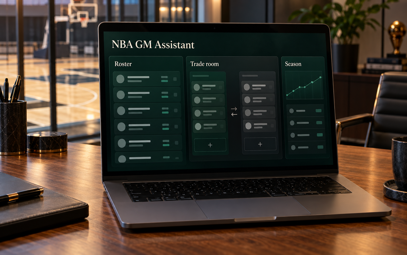 NBA GM Assistant concept artwork showing a roster and trade dashboard in a basketball front office overlooking the court