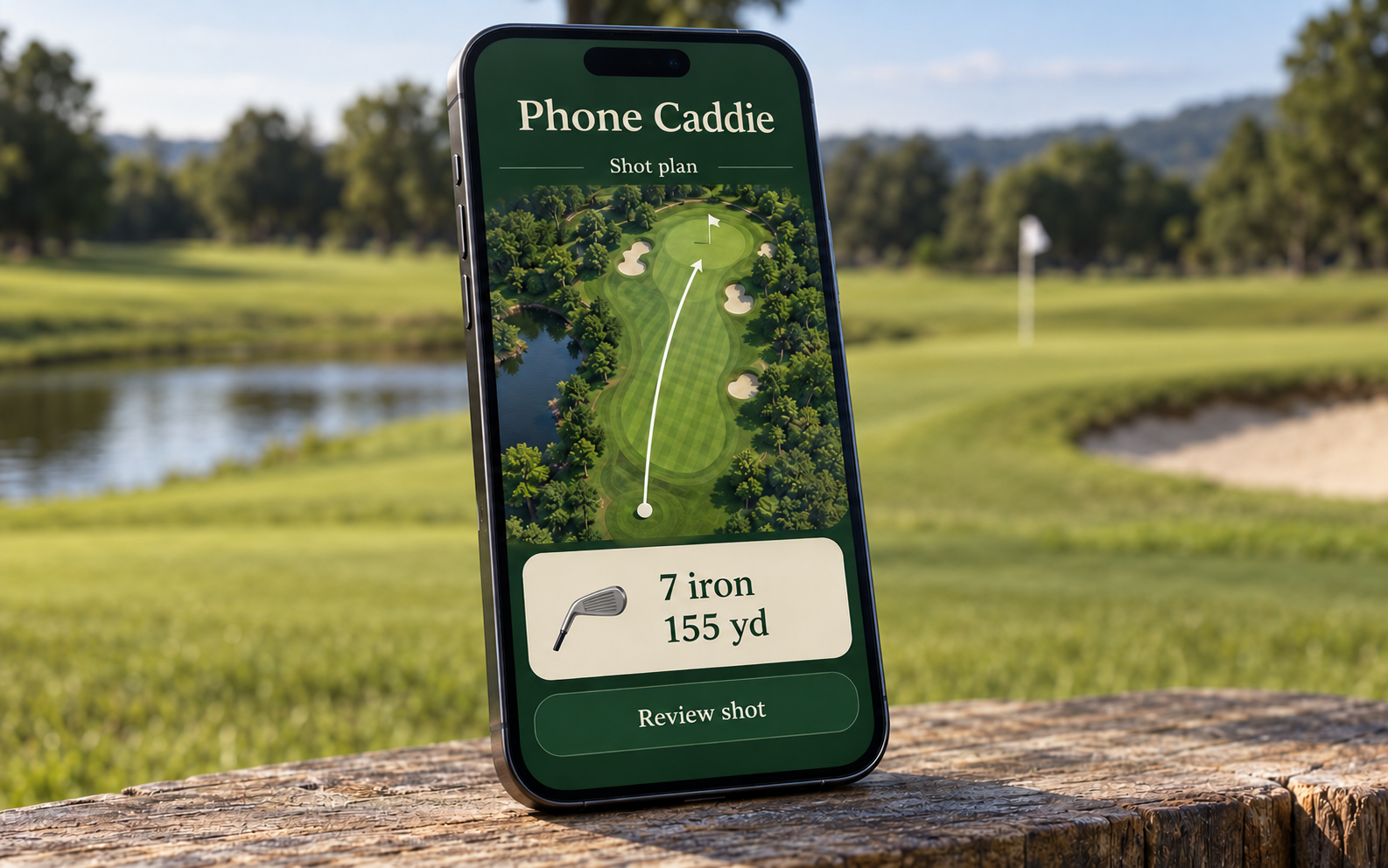 Phone Caddie concept artwork showing shot guidance on a phone beside a golf course